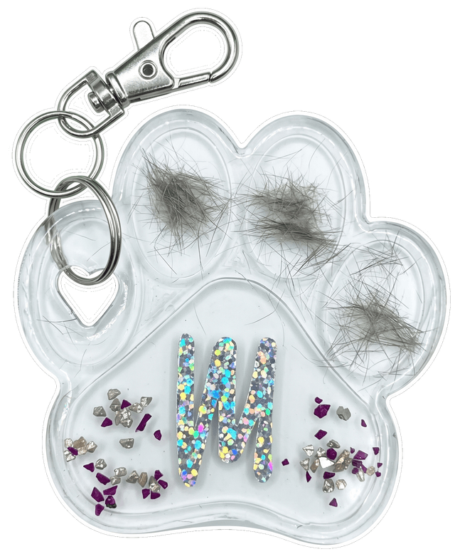 Green paw-shaped resin keychain set with a pet's fur
